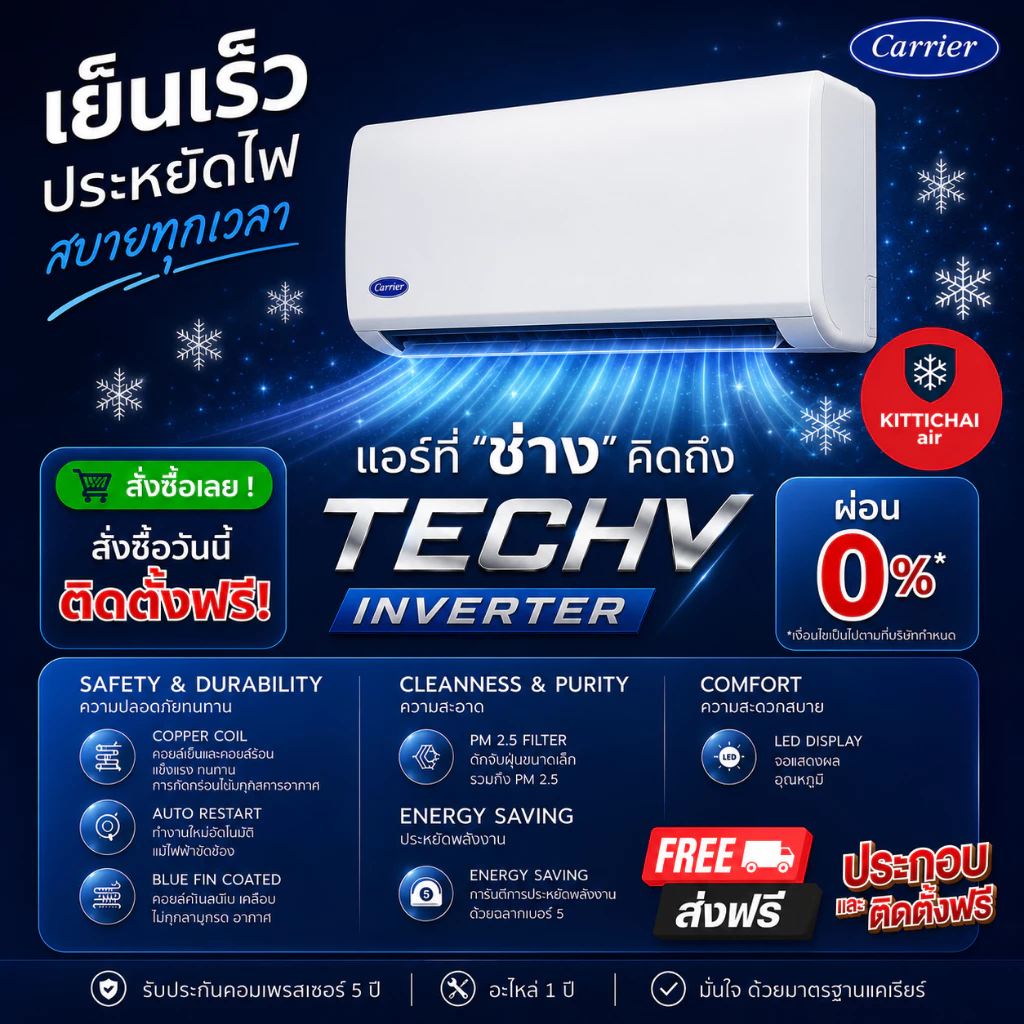 สั่งวันนี้ติดตั้งพรุ่งนี้💥 แอร์ แคเรียร์ ระบบ inverter TECH V series ติดตั้งฟรีทั่วกรุงเทพปริมณฑล