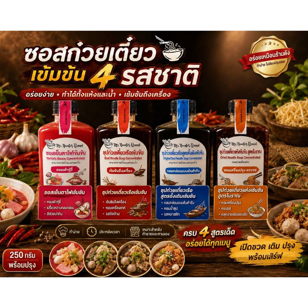 ซอสก๋วยเตี๋ยวเข้มข้น สูตรสำเร็จ ทำน้ำซุปก๋วยเตี๋ยวง่าย สะดวก อร่อยใน 3 นาที (มี 4 รสชาติ)