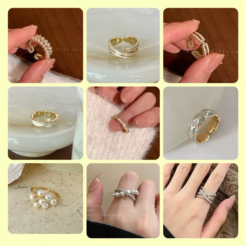 แหวนไข่มุกสองแถว แหวนเซอร์คอนแบบเปิด แหวนรูปลายเพชร
