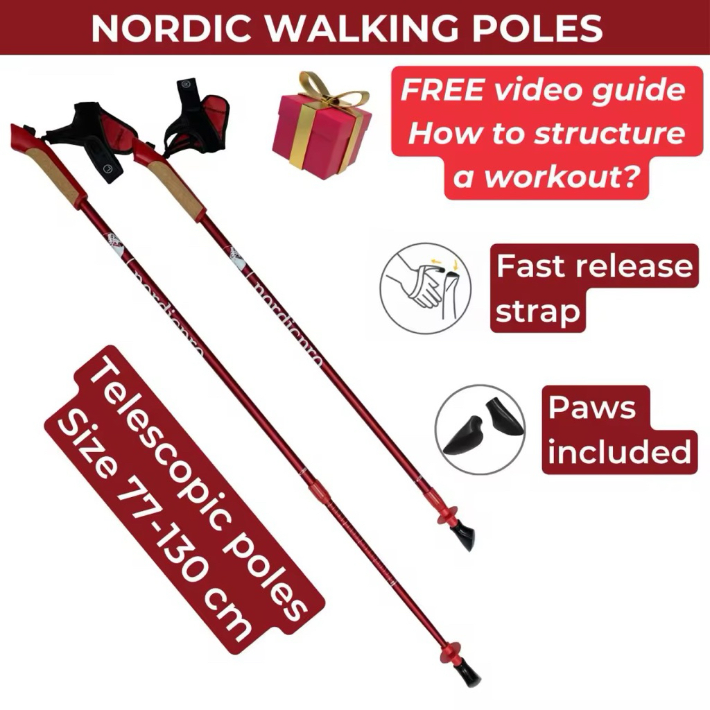 NordicPro Telescopic Nordic Walking Pole Full Body Workout Fitness, Lightweight Aluminium + Free Tra