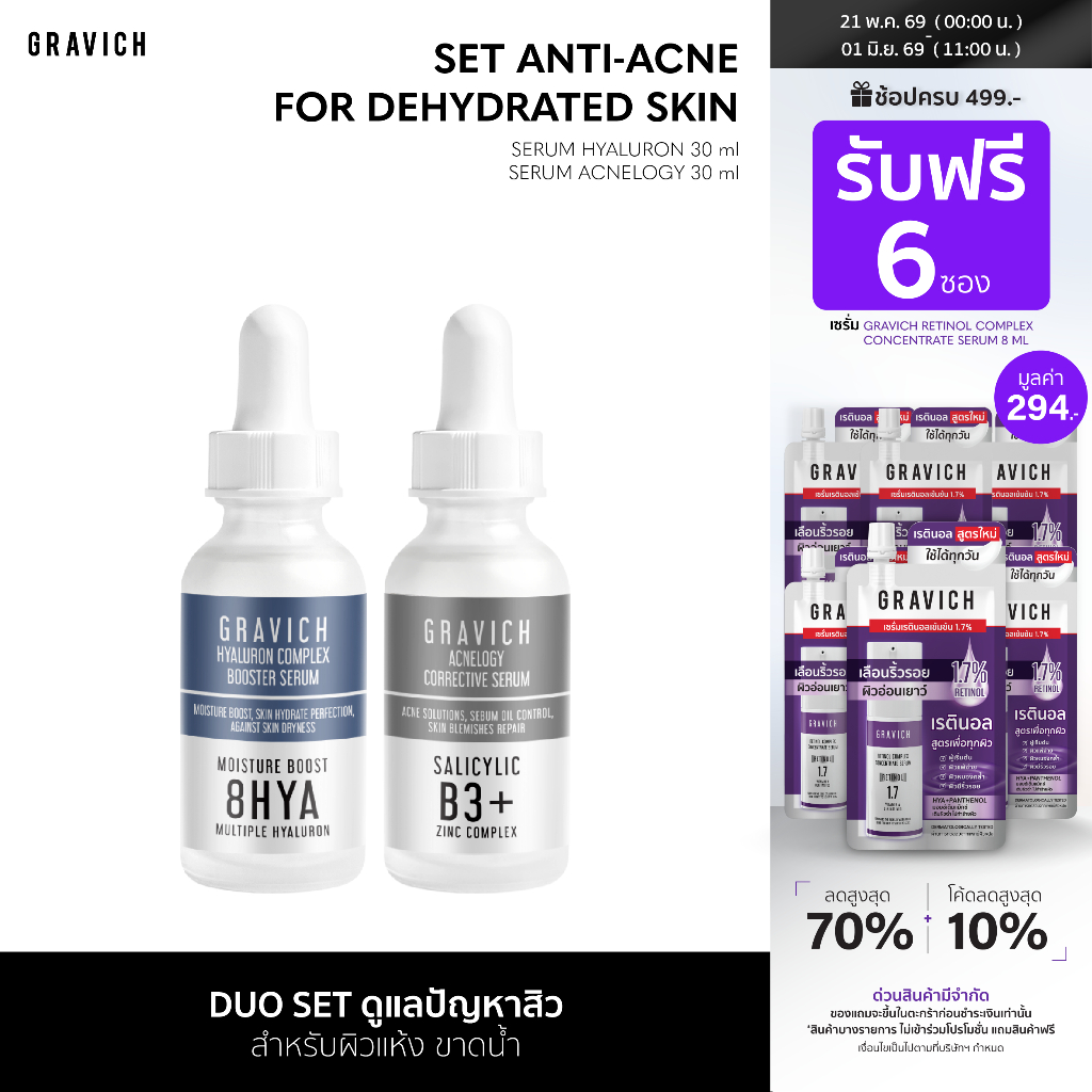 Gravich Set Anti-Acne for Dehydrated Skin (Acnelogy Serum+Hyaluron Serum)  เซตเซรั่มกราวิช สูตรดูแลปัญหาสิว