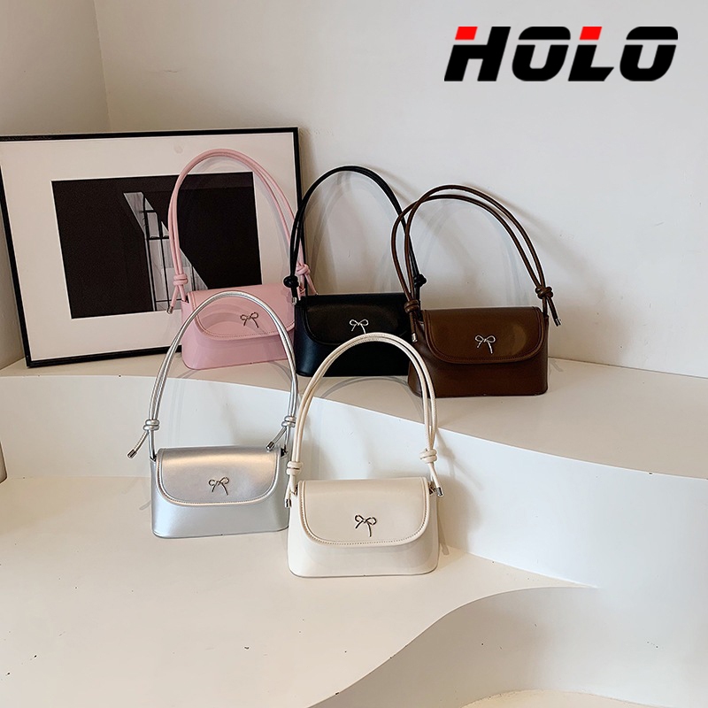 HOLO กระเป๋าถือผู้หญิงสไตล์เรียบง่ายหวาน น่ารัก ดีไซน์โบว์ กระเป๋าทรงสี่เหลี่ยม
