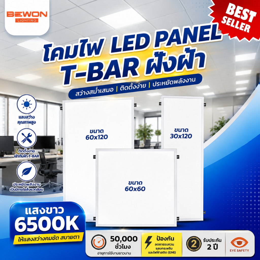 BEWON โคมพาแนล,โคมไฟ Panel,โคมไฟเพดาน LED,โคมไฟเพดาน ฝังฝ้า T-Bar