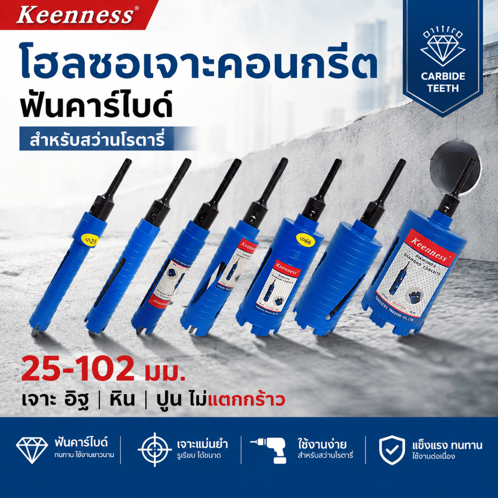 KEENESS โฮลซอเจาะปูน ฟันคาร์ไบด์ ขนาด 25-102มม. ดอกเจาะคอนกรีต เจาะกำแพง สำหรับสว่านโรตารี่ ช่างแอร์ เดินท่อประปา