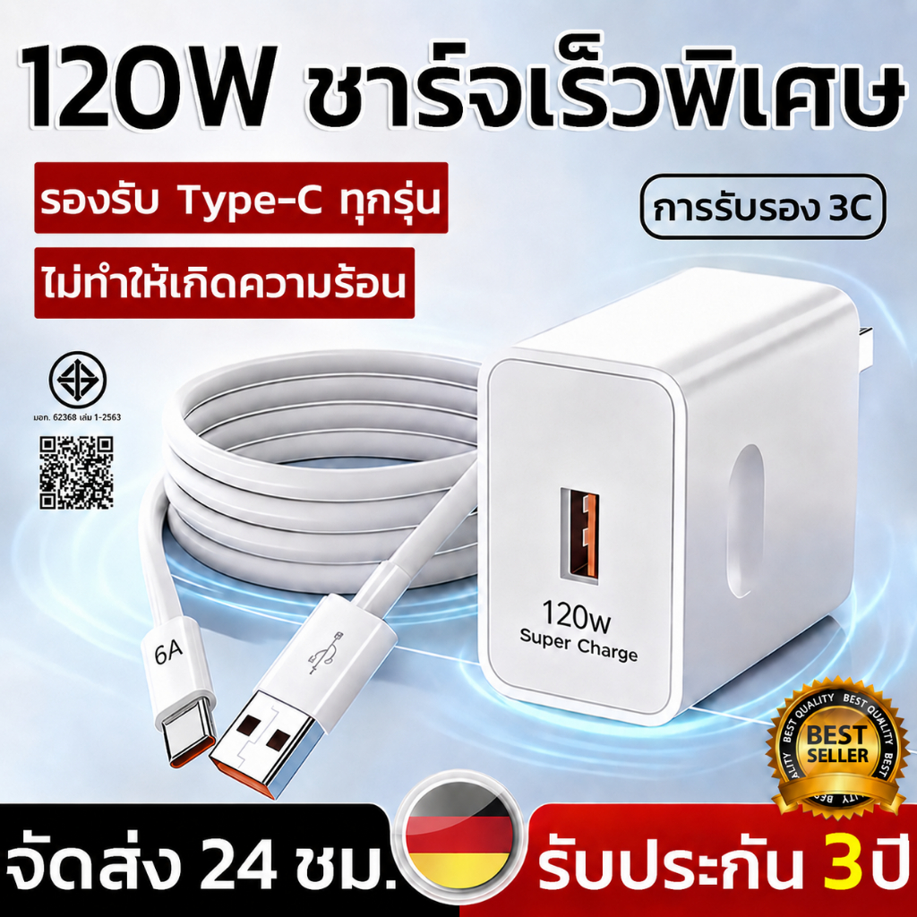 [รับประกัน 3 ปี] ชุดชาร์จ ที่ชาร์จเร็ว 33W//120W หัวชาร์จ + สายชาร์จ 6A Usb to Type-c fast Charge