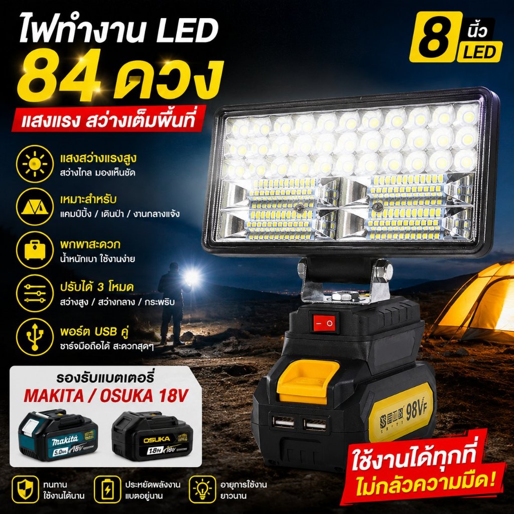 ไฟทำงาน LED 8 นิ้ว 84 LED สำหรับ OSUKA/MAKITA 18V ไฟสปอร์ตไลท์ ไฟแคมป์ปิ้ง พกพาได้