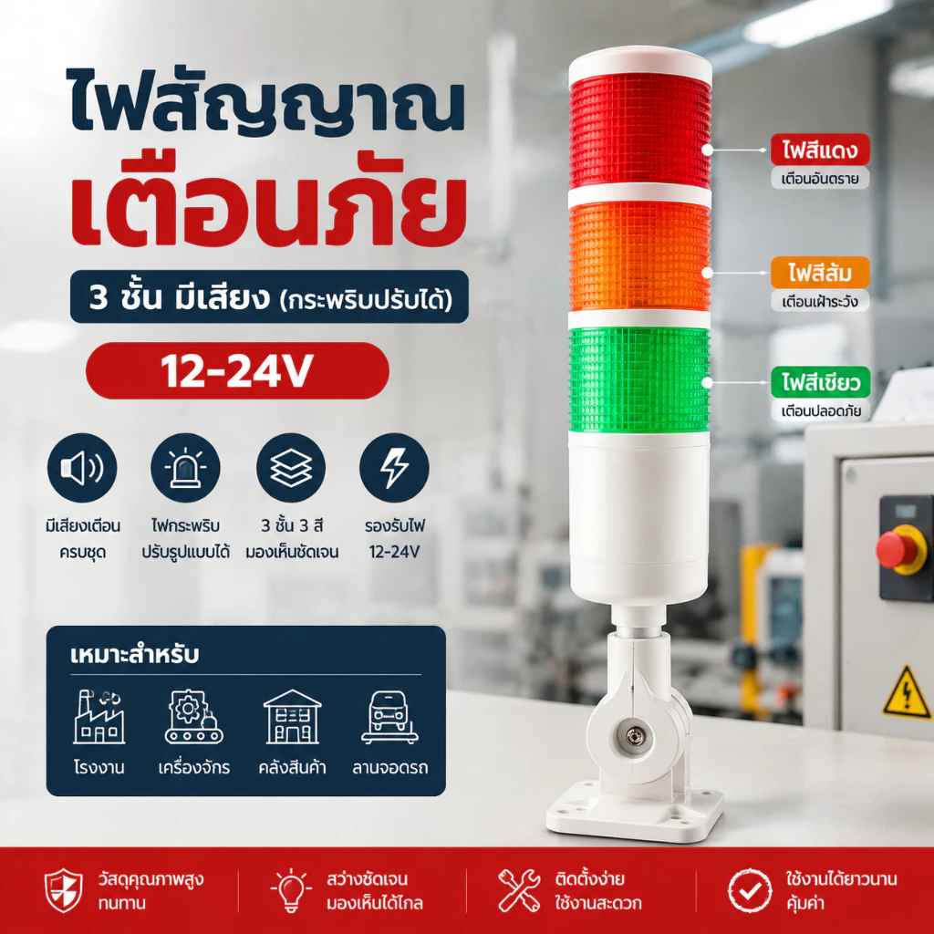 ไฟทาวเวอร์ไลท์ Tower Light XH50 3สี แดง เหลือง เขียว พร้อมเสียง ปรับไฟติดค้างและปรับไฟพริบได้ 12-24V