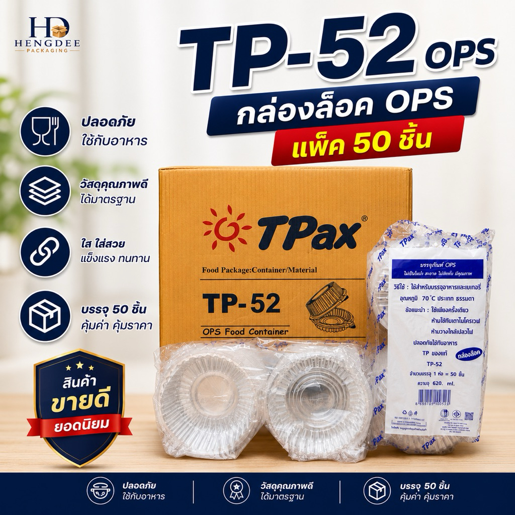 TP52 กล่องพลาสติกใส R5 ฝาล็อค OPS กล่องสลัด กล่องใส่อาหาร / เบเกอรี่ บรรจุ 50 ชิ้น