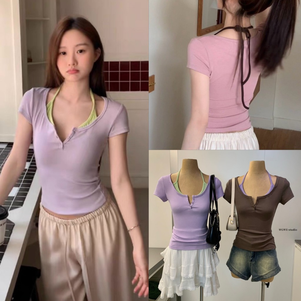 ❤ 🧵 🇰🇷 W9509 เสื้อแขนสั้น แต่งกระดุม และแต่งอีกเลเยอร์เป็นเสื้อสายเดี่ยวคล้องคอ แฟชั่นเกาหลี TAG WG.WE ✈
