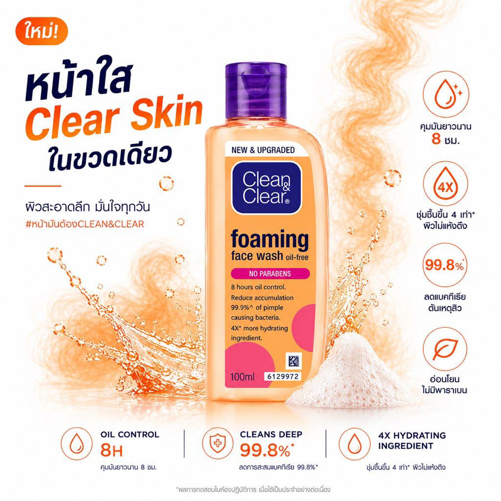 Clean & Clear 100 ml. โฟมล้างหน้าลดสิว คุมมัน 8 ชม. ล้างสะอาดล้ำลึก ผิวไม่แห้งตึง เหมาะสำหรับผิวมัน–ผิวผสม หน้าไม่เยิ้ม