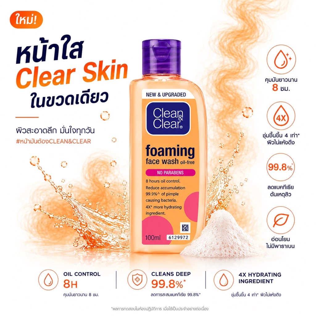 Clean & Clear 100 ml. โฟมล้างหน้าลดสิว คุมมัน 8 ชม. ล้างสะอาดล้ำลึก ผิวไม่แห้งตึง เหมาะสำหรับผิวมัน–ผิวผสม หน้าไม่เยิ้ม