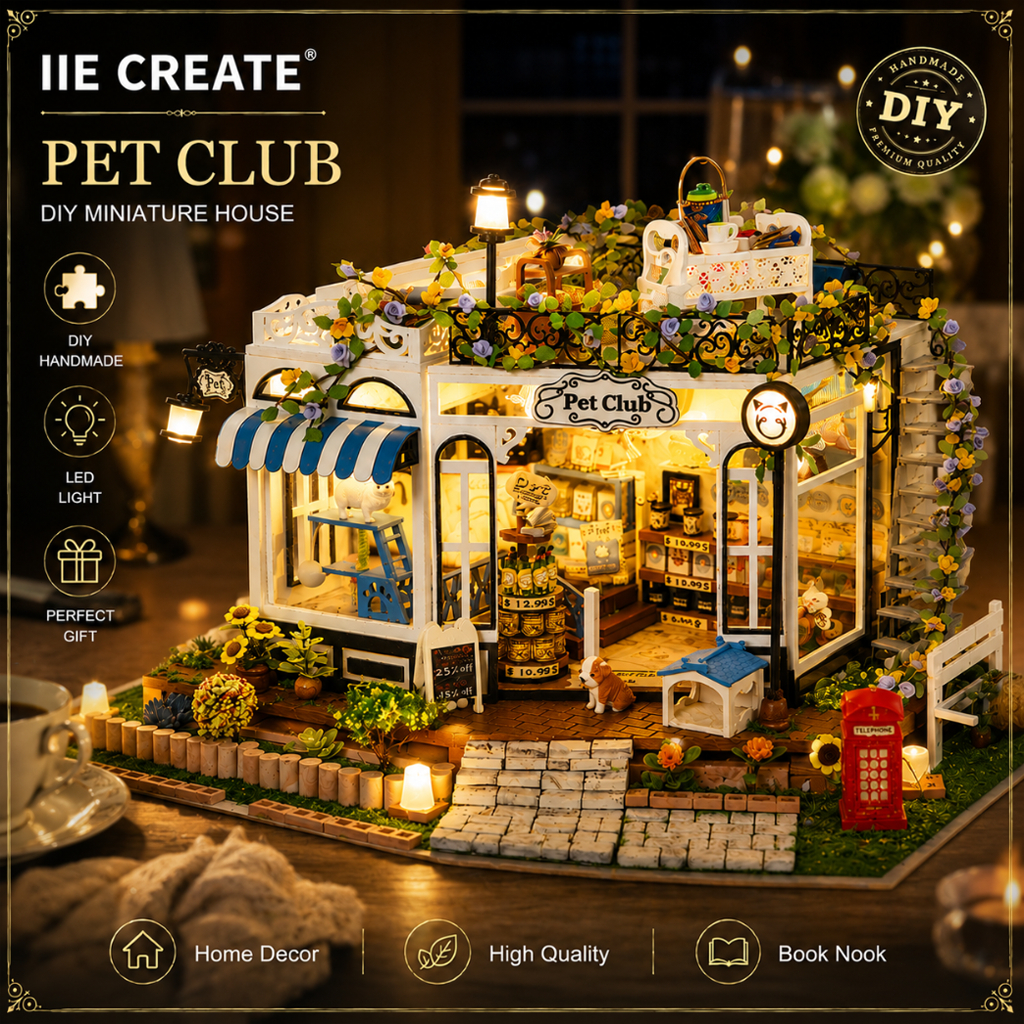 IIE CREATE K-1065 บ้านจิ๋ว DIY ร้านสัตว์เลี้ยง คาเฟ่แมว มีไฟ LED โมเดลประกอบ ของขวัญวันเกิดตกแต่งห้องบ้านตุ๊กตา