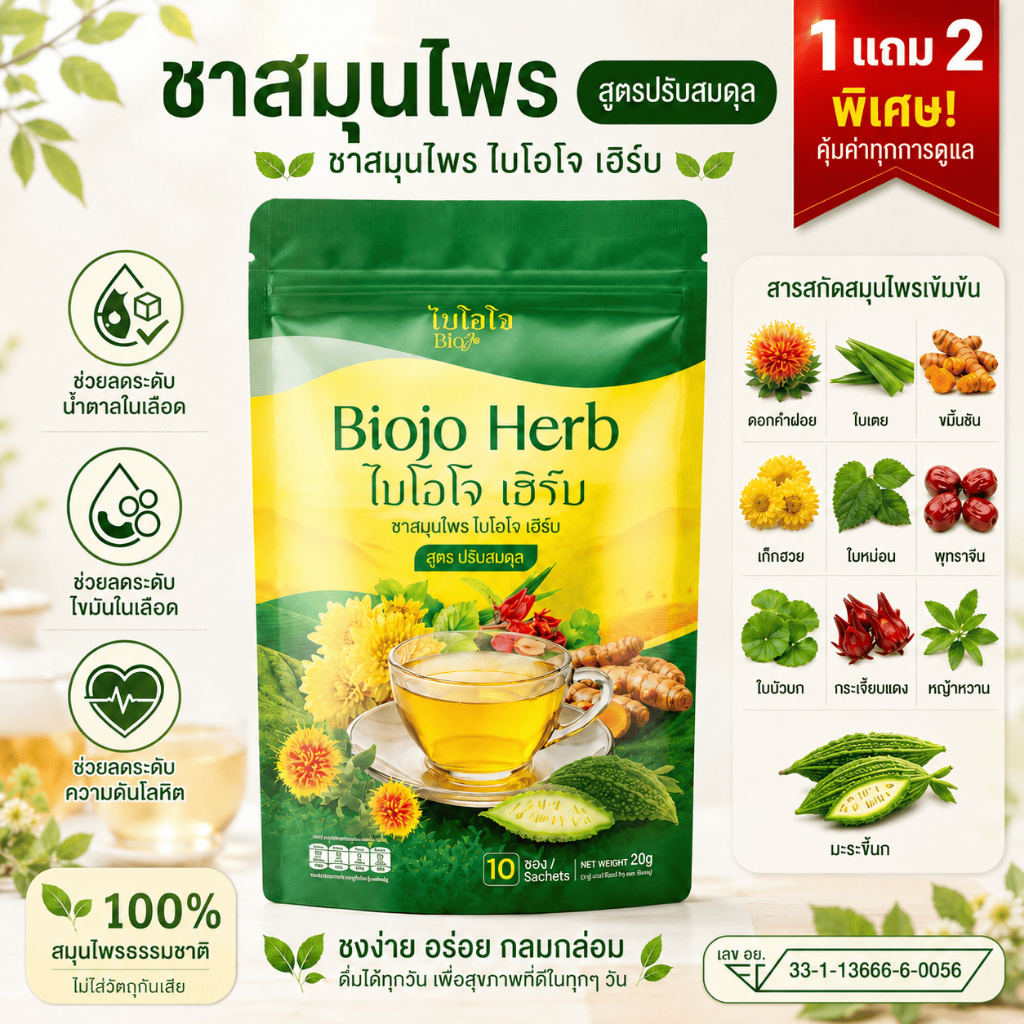 BIOJO ชาสมุนไพร ไบโอโจ สูตรปรับสมดุล 1 แถม 2  น้ำตาลสูง ไขมัน ความดัน ฉี่บ่อย หลับยาก