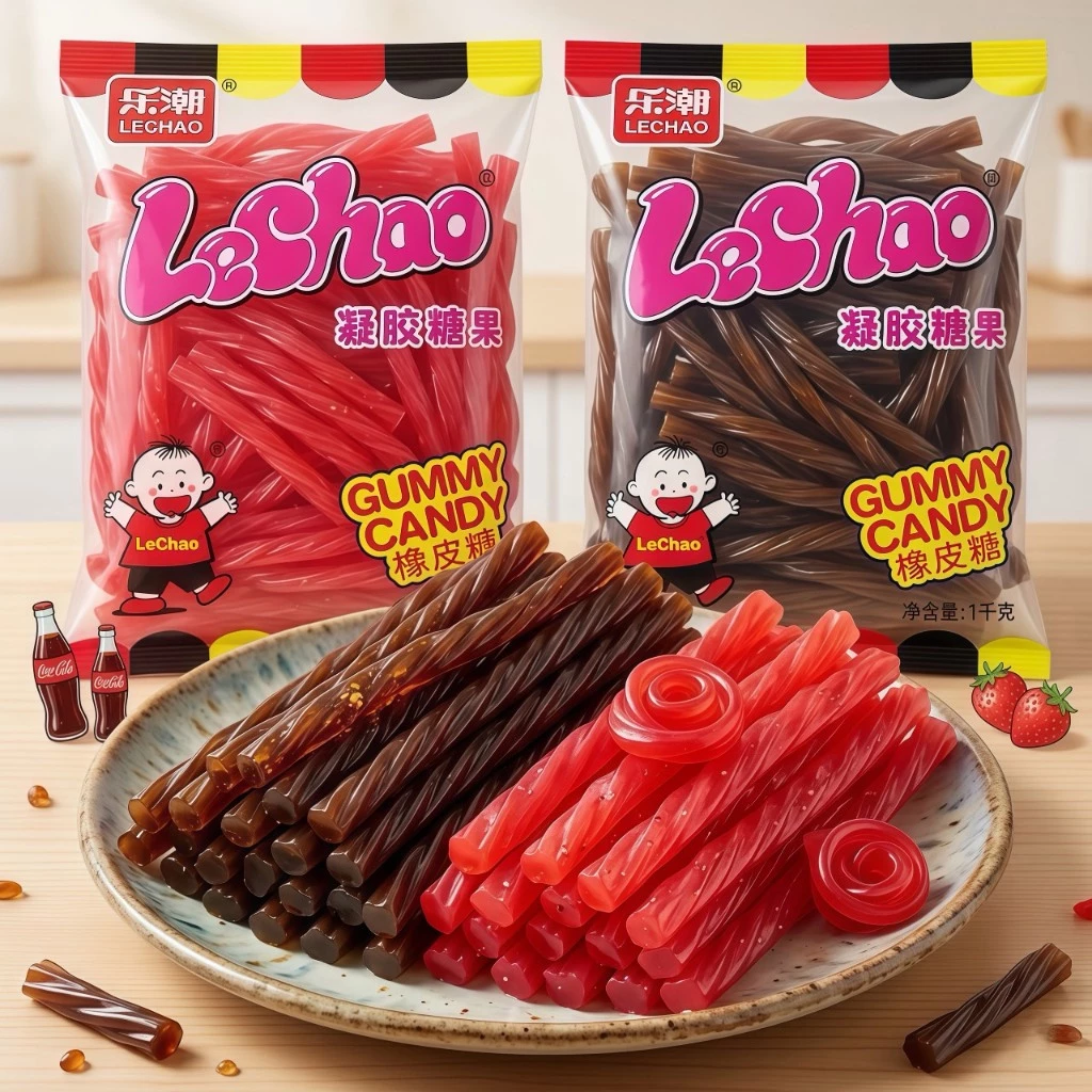 LeChao Jelly Sticks เยลลี่แท่งโคล่าและเยลลี่แท่งสตรอว์เบอร์รี่ เคี้ยวหนึบ รสเข้มข้น เคี้ยวหนึบ ขนาดใหญ่เต็มถุง 1 กก.