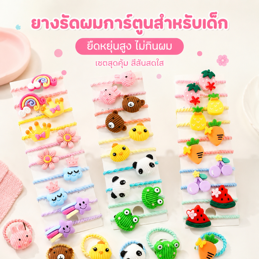 เซตยางรัดผมเด็ก ยางมัดผม 10ชิ้น คละลายสัตว์การ์ตูน ดอกไม้ ผลไม้ สีพาสเทล สไตล์เกาหลี ยืดหยุ่นดี ไม่ดึงผม สำหรับเด็กหญิง