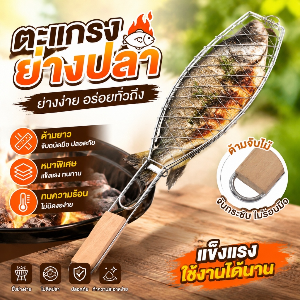 ที่ย่างปลาสแตนเลส ตะแกรงปิ้งย่าง มีด้ามจับ ป้องกันสนิม ย่างปลานิล ปลาทับทิม