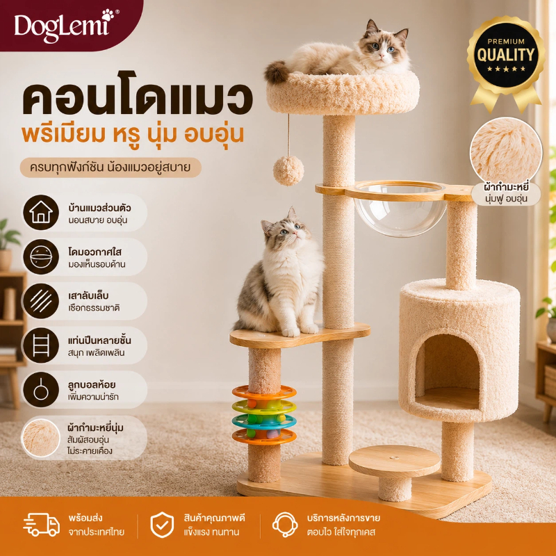 【Doglemi】คอนโดแมวเฟอร์นิเจอร์ไม้พรีเมียม หลุมอะคริลิคใส 2 หลุม ปีนเล่น ลับเล็บ นอนสบาย