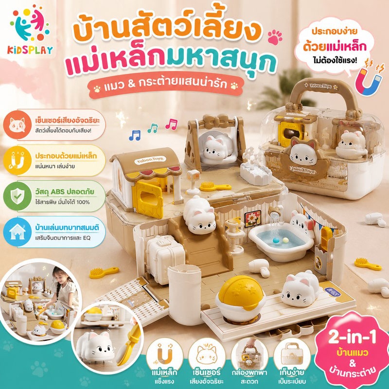 บ้านสัตว์เลี้ยงของเล่นเด็กพร้อมดีไซน์แมวและกระต่าย เซ็นเซอร์แม่เหล็กเพื่อการศึกษา ของเล่นฉากเล่นตามบทบาท