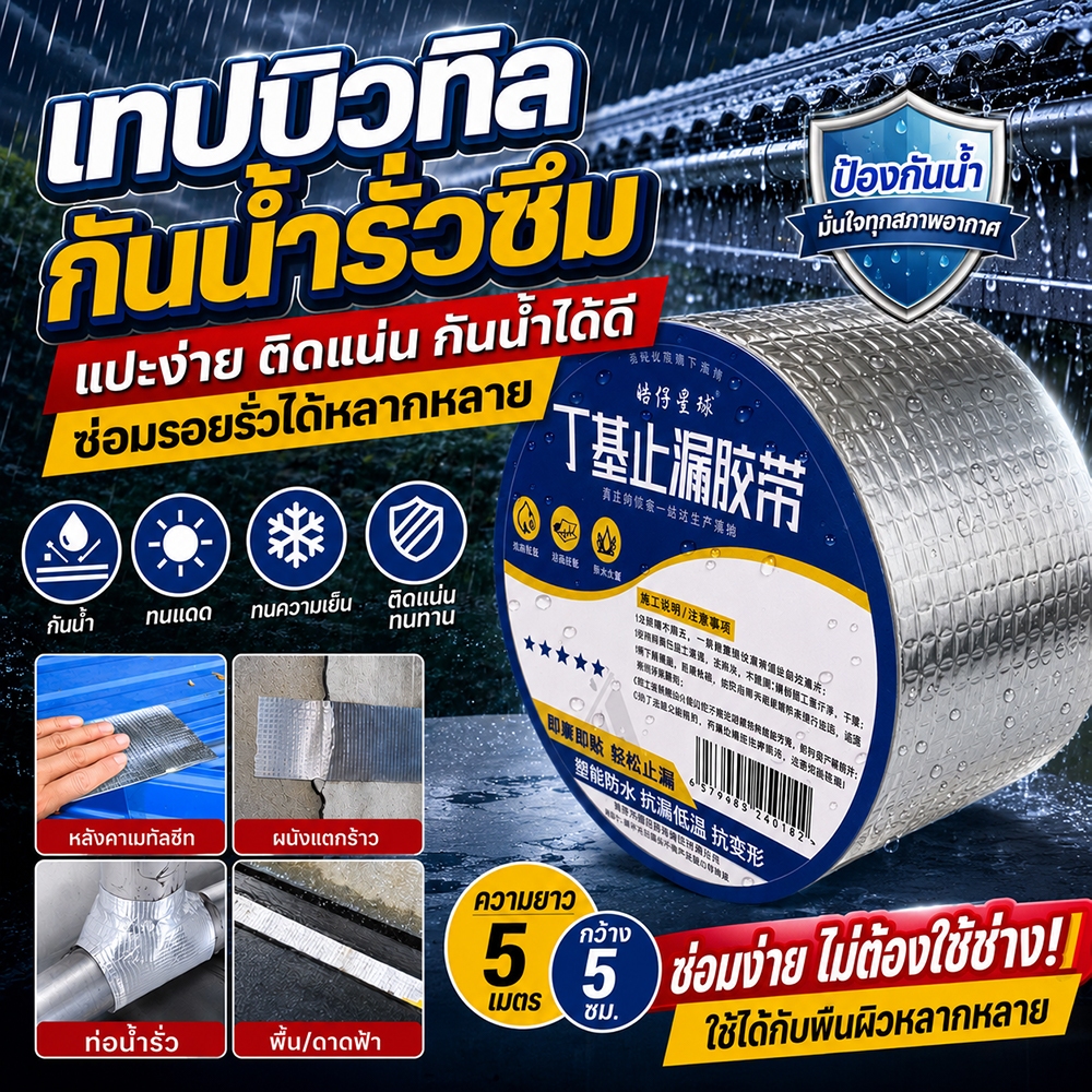เทปกันรั่วซึม บิวทิล แรงยึดเกาะสูง กันน้ำ 100% ทนทานต่อแดดฝน ซ่อมท่อประปา หลังคา ถังน้ำ ผนัง พร้อมส่ง