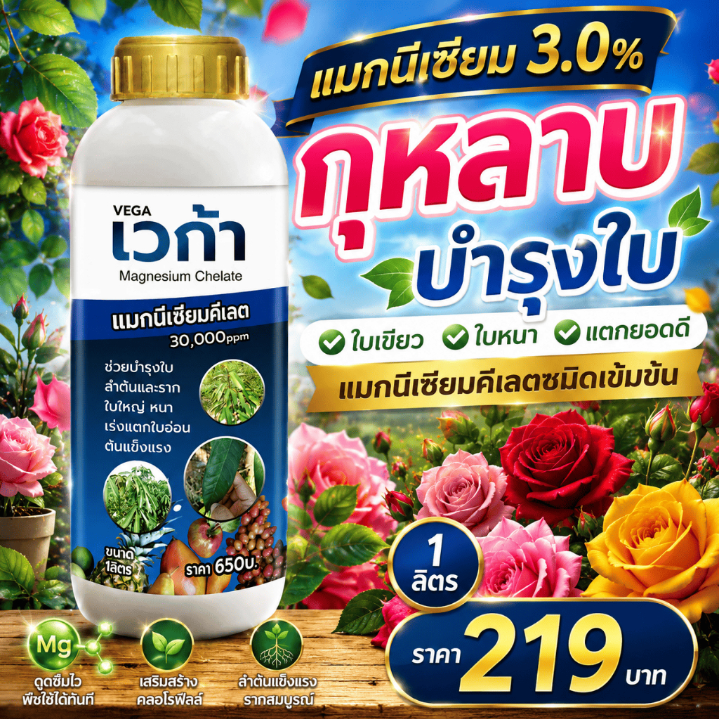 แมกนีเซียม 3.0% กุหลาบ บำรุงใบ ใบเขียว ใบหนา แตกยอดดี แมกนีเซียมคีเลตชนิดเข้มข้น 1 ลิตร