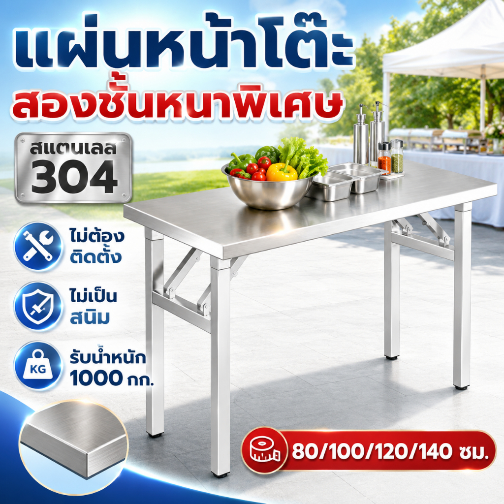 【ไม่ต้องติดตั้ง】โต๊ะพับ โต๊ะสแตนเลส ขนาด140/120/100/80CM รับน้ำหนักได้ 1000KG แข็งแรง พกพาได้