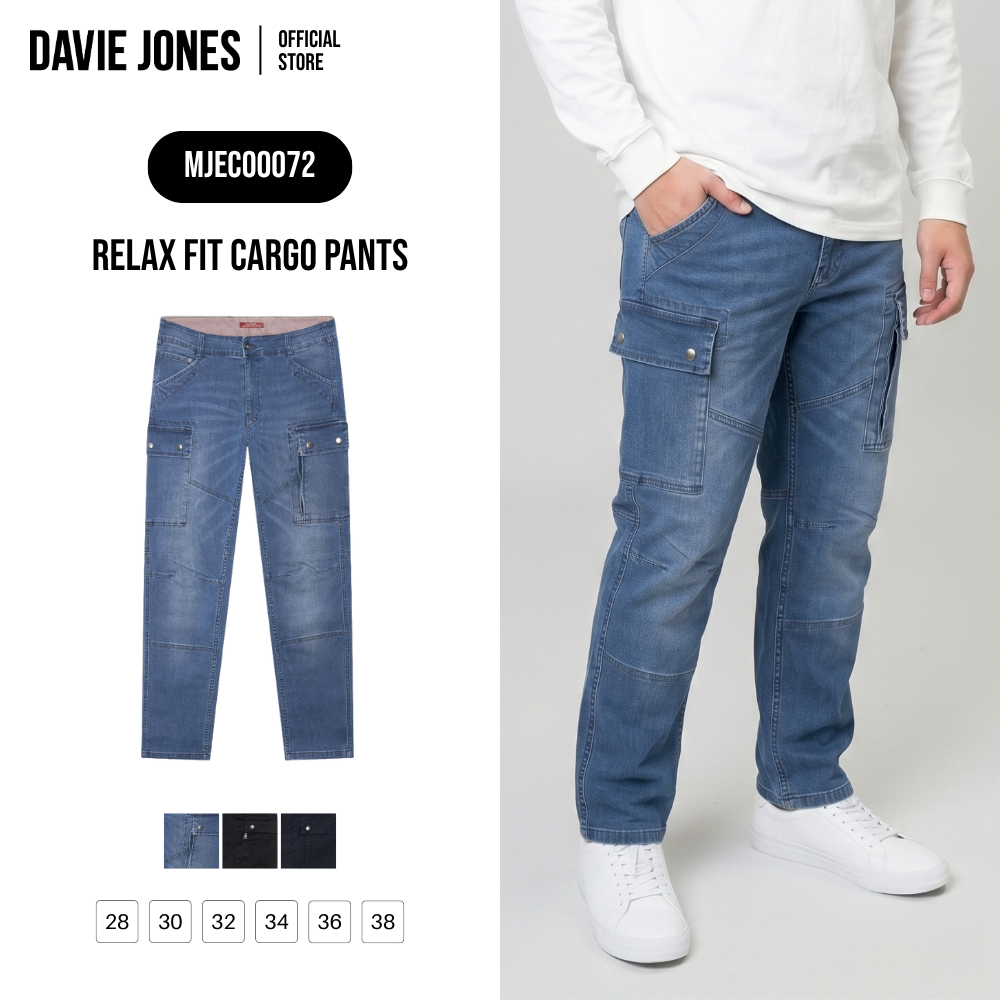 DAVIE JONES [BE FEARLESS] กางเกงคาร์โก้ผู้ชาย Relax Fit Cargo Pants สีน้ำเงิน ดำ ดำฟอก CO0072