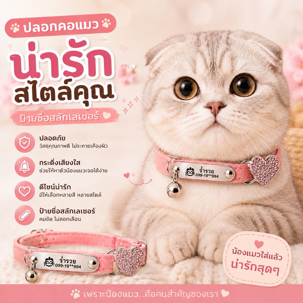 ปลอกคอแมว แกะสลักชื่อ+เบอร์โทรฟรี  น้ำหนักเบา พร้อมส่ง