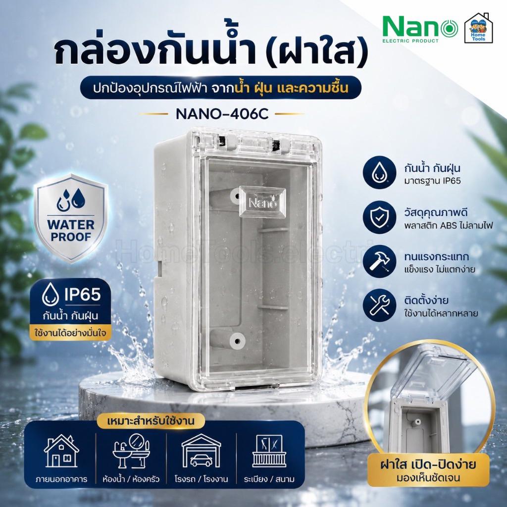 NANO-406C สีขาว กล่องกันน้ำ กล่องปลั๊กกันน้ำ มีฝาปิด ฝาใส 2x4 แนวตั้ง