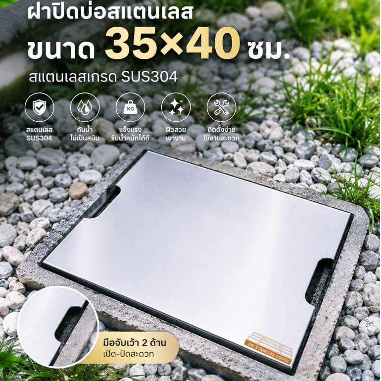 ฝาปิดบ่อระบายน้ำ stainless 304 ขนาด 35x40cm วัสดุแท้ผลิตในไทย