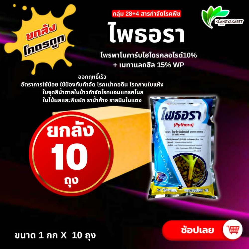 ยกลัง 10 ถุง ไพธอรา โพรพาโมคาร์บ ไฮโดรคลอไรด์ + เมทาแลกซิล จีโมคาร์บ ใช้ป้องกันกำจัดโรคเน่าดำหรือเน่าเข้าไส้ กล้วยไม้ ท