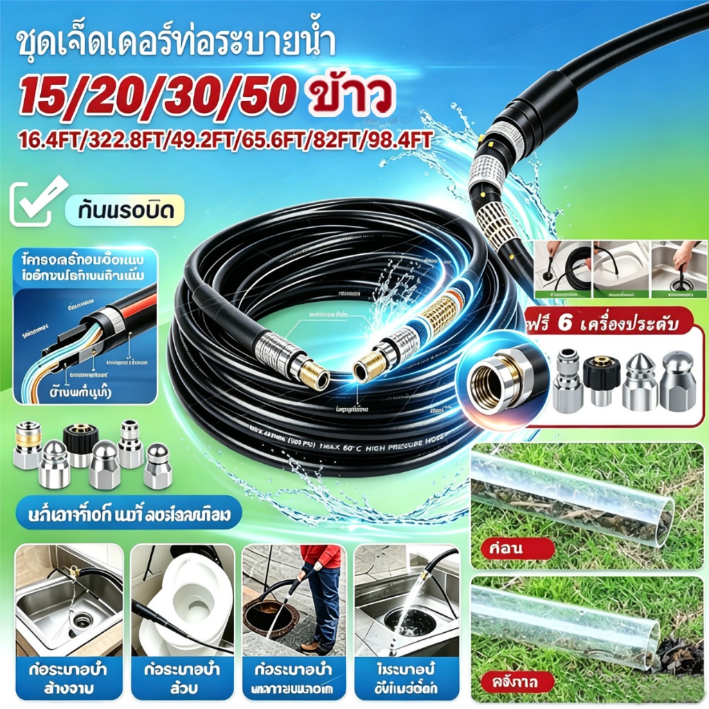 สายฉีดนํ้าแรงดันสูง แกน คุณภาพสูง 15/20/30/50M แข็งแรง ทนทาน ใช้กับเครื่องฉีดน้ำแรงดันสูง สายปั๊มอัดฉีด สายไฮโดรลิค