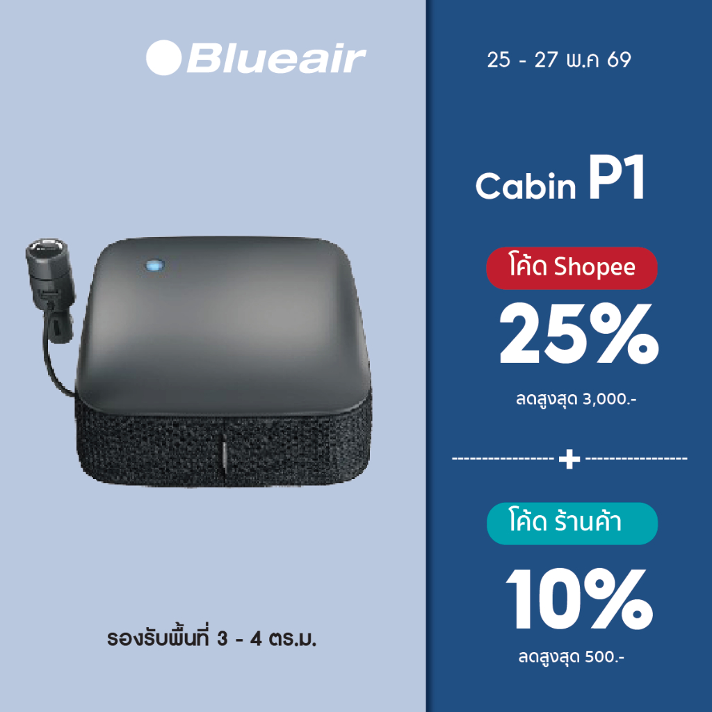 Blueair เครื่องฟอกอากาศในรถยนต์ รุ่น Cabin P1 (ฝุ่น PM,ไวรัส,กลิ่นควัน) ไม่รับประกันสินค้า