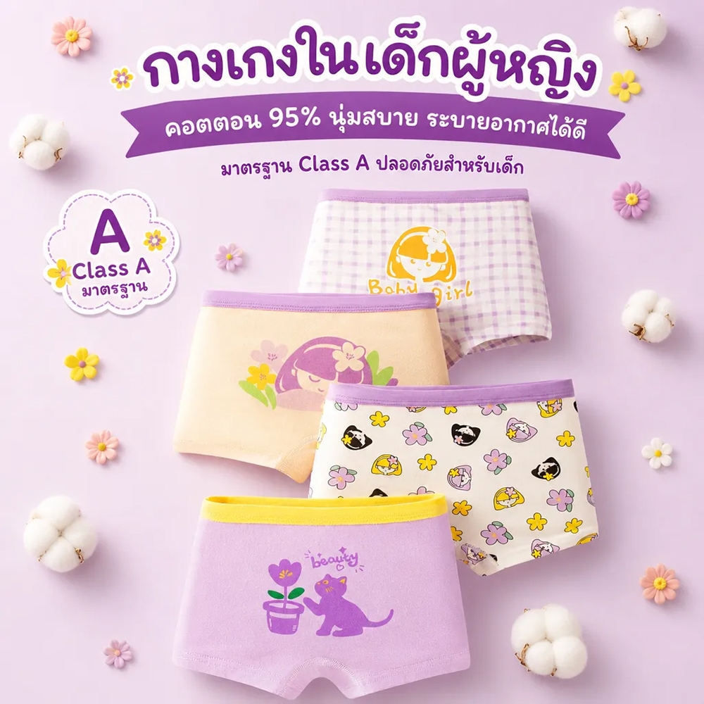 กางเกงบ็อกเซอร์เด็กหญิง ลายเจ้าหญิงแอปเปิ้ลน่ารัก 3-12 ปี ผ้าฝ้าย 95% นุ่มสบาย ระบายอากาศได้ดี