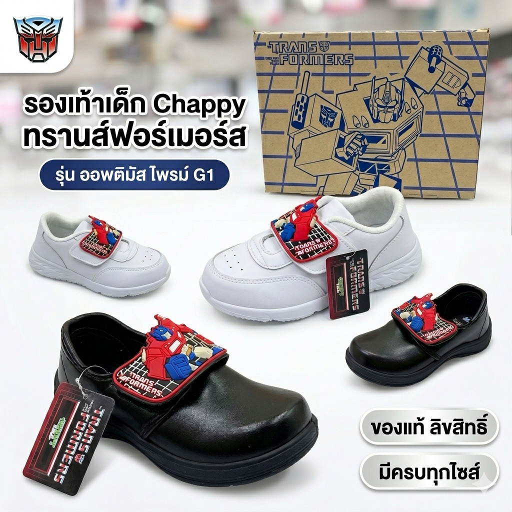 รองเท้านักเรียนอนุบาลชาย CHAPPY รุ่น Transformers มีไฟกระพริบ สีดำ TF-11 สีขาว PVC TF-22