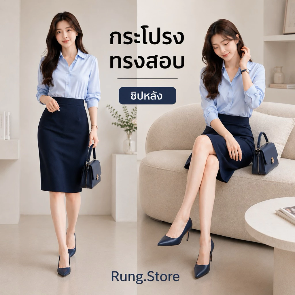 PS01 - กระโปรงทรงสอบ ซิปหลัง ยาว 24 นิ้ว (ผ่าหลัง มีซับใน) ไม่มีกระเป๋าข้าง ขนาด S-5XL | New Collection