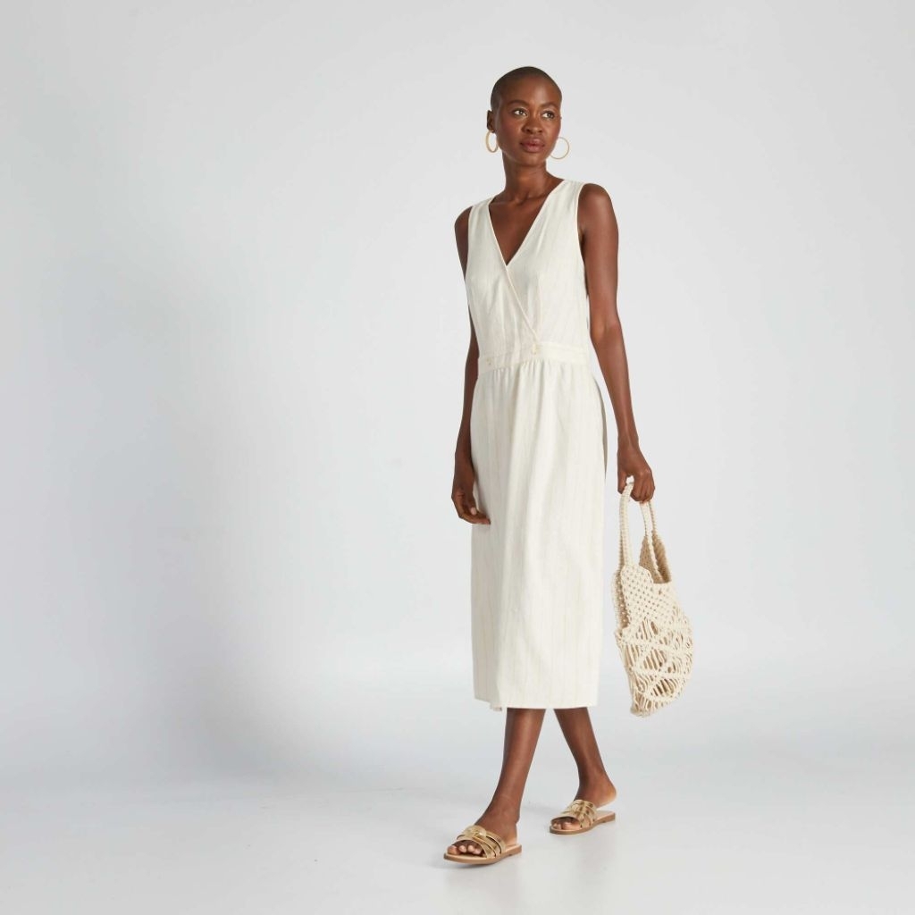 Kiabi Linen Sleeveless Dress เดรสแขนกุด อกป้ายเย็บติด เอวยางยืดด้านหลัง ผ้าฝ้ายผสมลินิน ทรงสวย ไม่ร้อน สีครีม ลายทาง