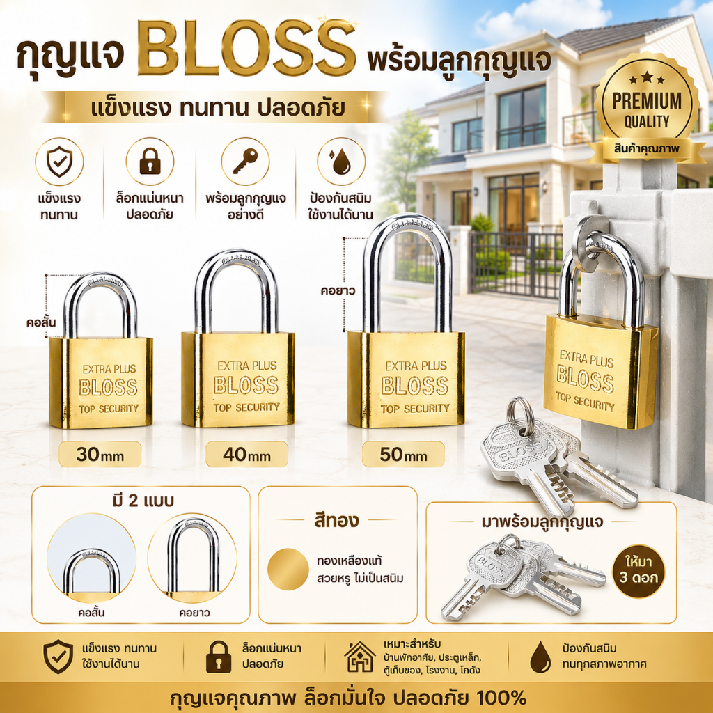 กุญแจ BLOSS แม่กุญแจล็อค พร้อมลูกกุญแจ 3 ดอก สีทอง  30mm 40mm 50mm ยาวและสั้น