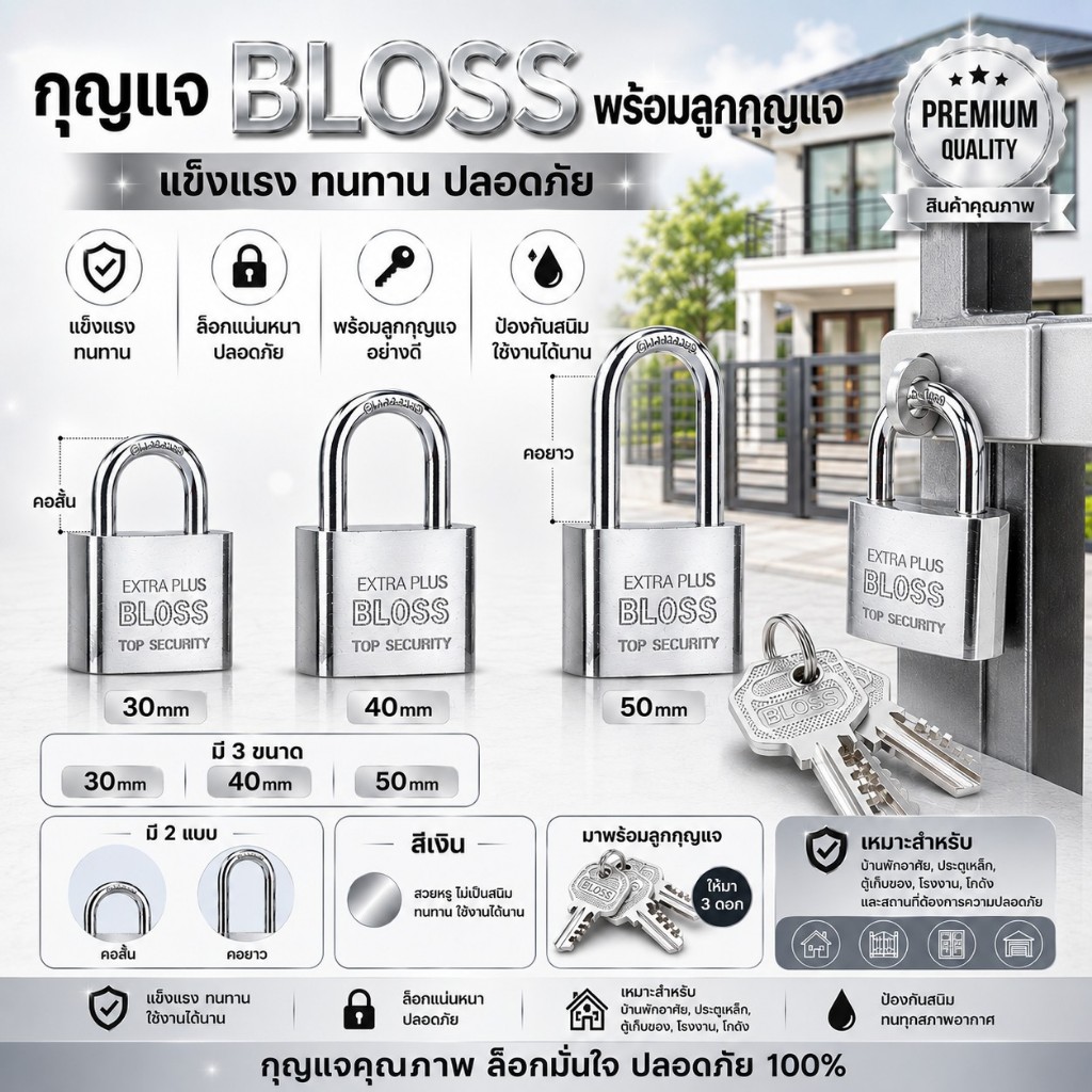 กุญแจ BLOSS สีเงิน แม่กุญแจเหล็กชุบแข็ง  กุญแจขนาด 30มม. ถึง 50มม.