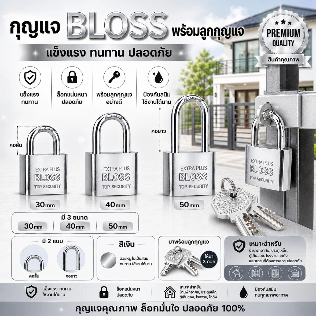 กุญแจ BLOSS สีเงิน แม่กุญแจเหล็กชุบแข็ง กุญแจขนาด 30มม. ถึง 50มม.