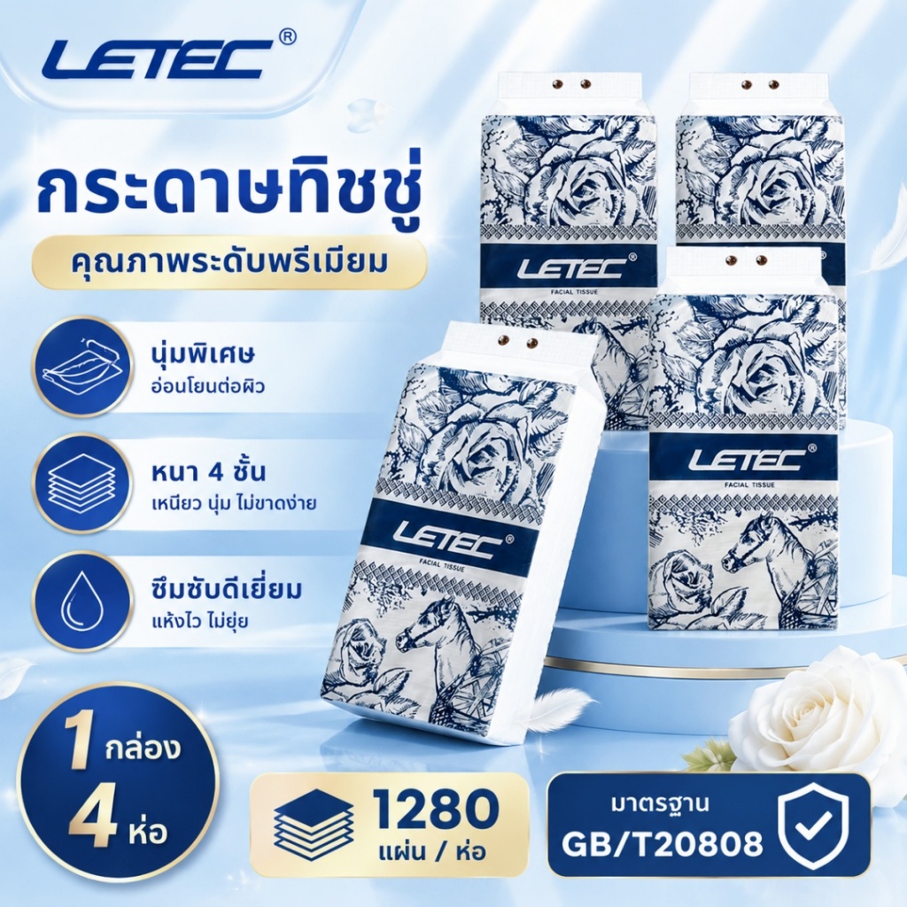 [แพคเกจใหม่] กระดาษทิชชู่ 4 ชั้น หนานุ่มทุกสัมผัส เป็นมิตรกับผิว 1 ลัง 4 ห่อ 1280 แผ่นต่อห่อ