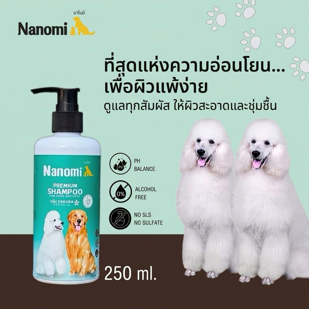 Nanomi แชมพูหมาแชมพูสุนัข ลดกลิ่นตัวกลิ่นสาบขนนุ่มลื่น กลิ่นติดตัวหอมนานขนาด250 ml.