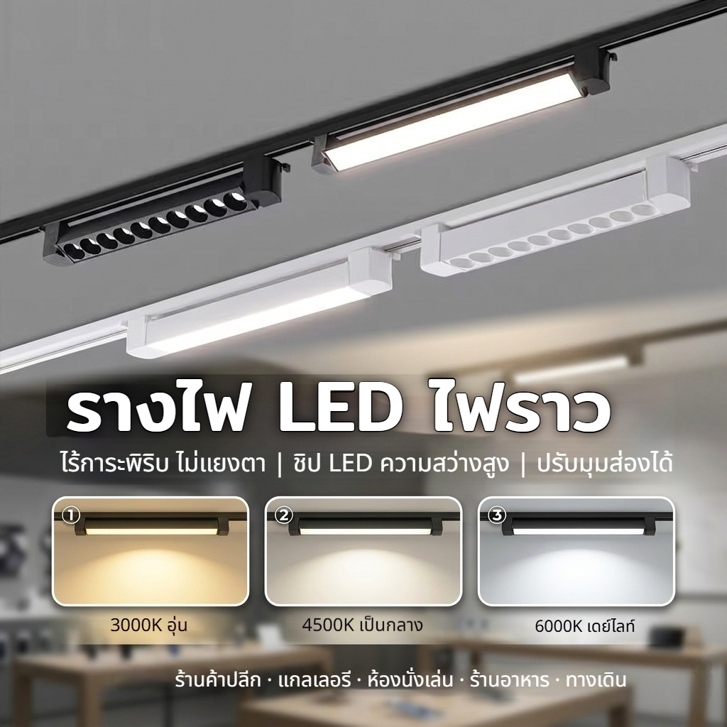 ไฟแทรคไลท์ LED โคมระย้า COB 3 สี ปรับมุมได้ 10W-40W Spotlight เพดาน ร้านค้า ห้องนั่งเล่น โคมไฟ