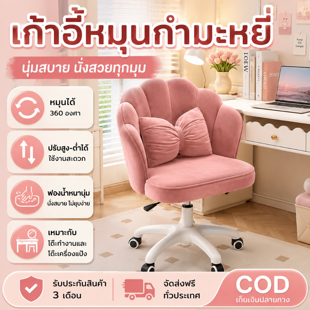 พร้อมส่ง เก้าอี้ เก้าอี้ทำงาน แถมหมอน แต่งหน้า ปรับได้ หมุนได้360 องศา คอมพิวเตอร์ โฮมออฟฟิศ แข็งแรงมั่นใจ ด้วยขาเหล็ก