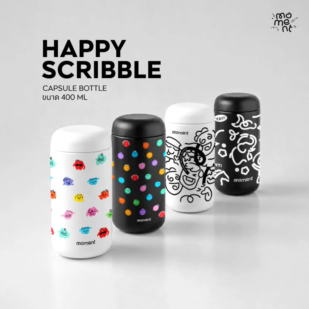 [Capsule Bottle] กระบอกน้ำเก็บความเย็น 400ml ขวดน้ำสแตนเลส316 ทรงมนพกพาง่าย มี 4 ลายสุดคิวท์ รุ่น Happy Scribble Moment