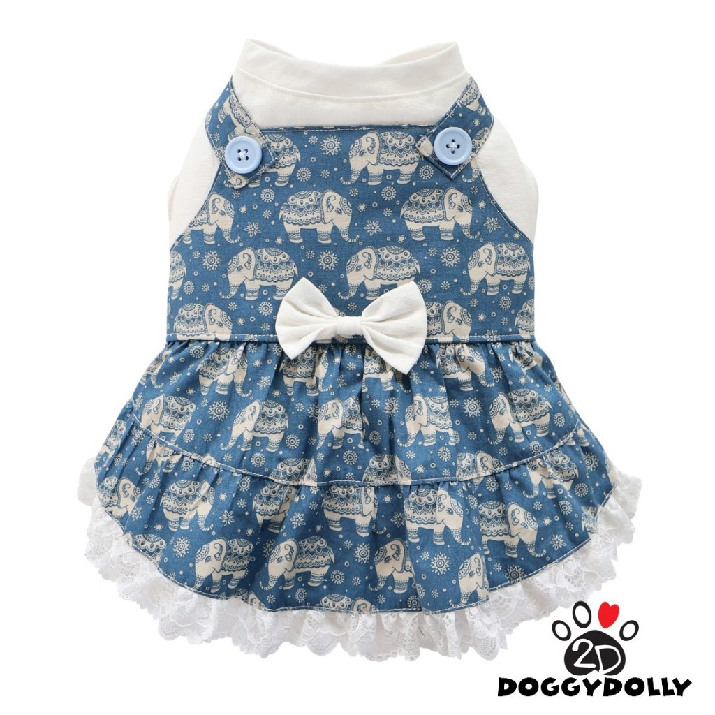 Pet clothes -Doggydolly เสื้อผ้าแฟชั่น น้องหมาน้องแมว สัตว์เลี้ยง ชุดกระโปรง สีฟ้าลายช้าง ลาย D996 ขนาด1-9โล