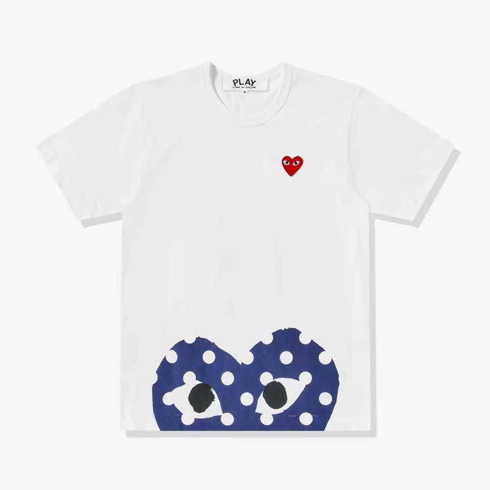 PLAY Rei Kawakubo CDG COMME des GARCONS，ลายจุดครึ่งหัวใจสีน้ำเงิน เสื้อยืดคอกลมแขนสั้น Polka Dot Edg