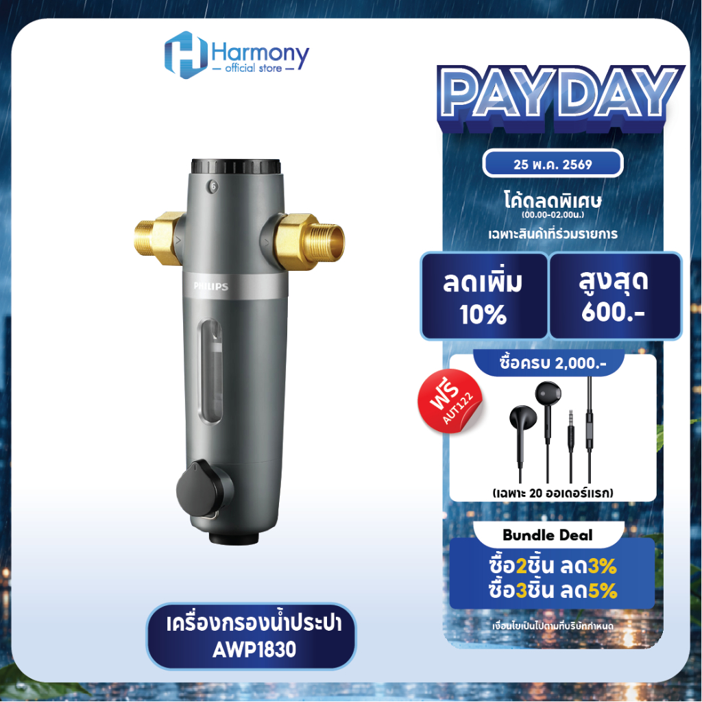 Philips Water AWP1830 เครื่องกรองน้ำประปา ตัวกรองน้ำก่อนเข้าบ้าน Pre Filter สแตนเลส316L กรอง 40 ไมครอน น้ำแรง 4 ตัน/ชม.