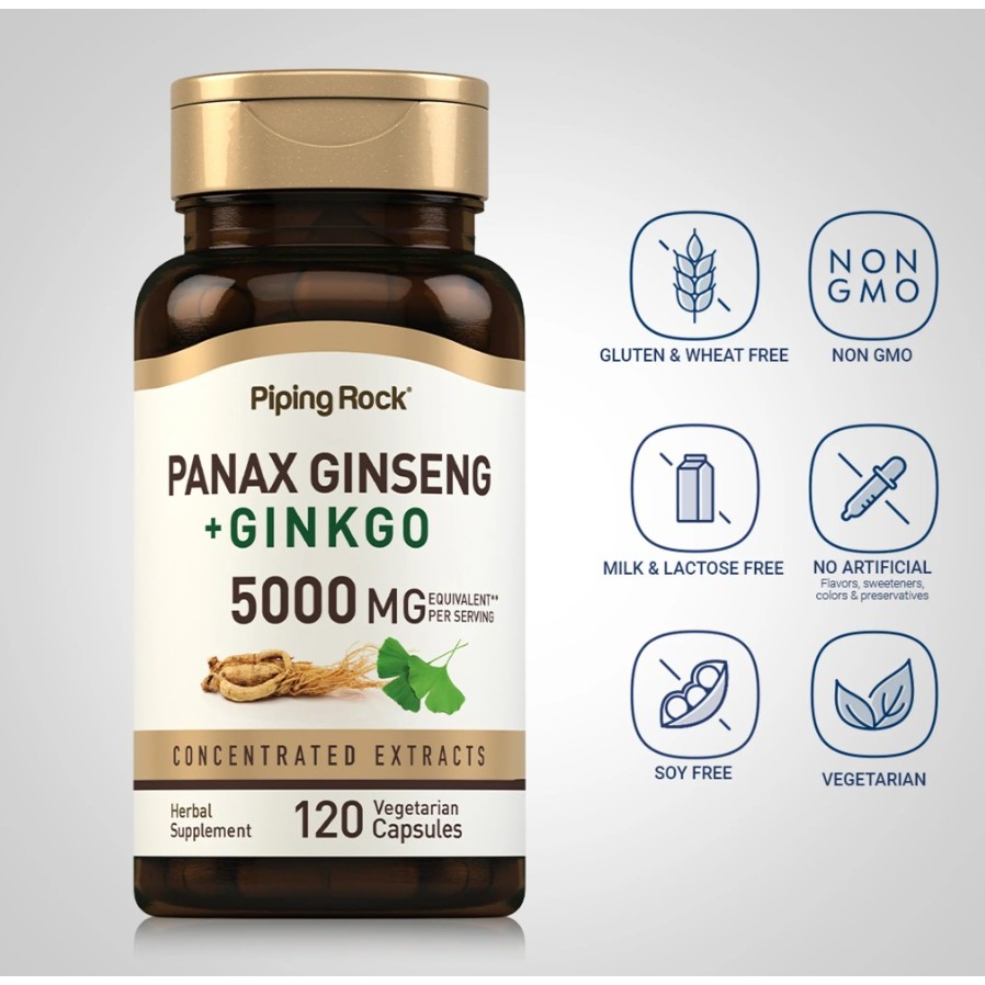 Panax Ginseng + Ginkgo 5000 mg 120 Vegetarian Capsules Pipingrock กิงโกะ โสม