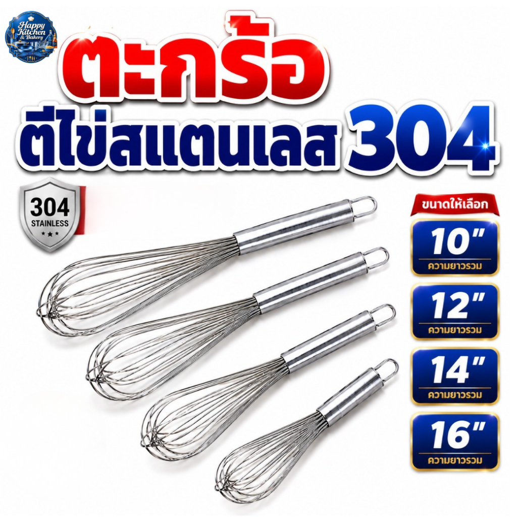 ตะกร้อตีไข่สแตนเลส304 รุ่นหนาพิเศษ ใช้งานทน ตีไข่ ตีแป้ง ตีครีม เหมาะสำหรับเบเกอรี่และงานครัวพร้อมส่งด่วนจากไทย🇹🇭