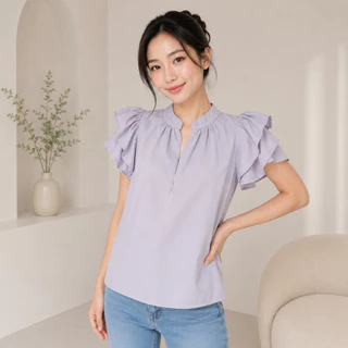 เสื้อชีฟอง แขนระบาย คอจีน ผ้าพริ้วใส่สบาย สไตล์มินิมอละ